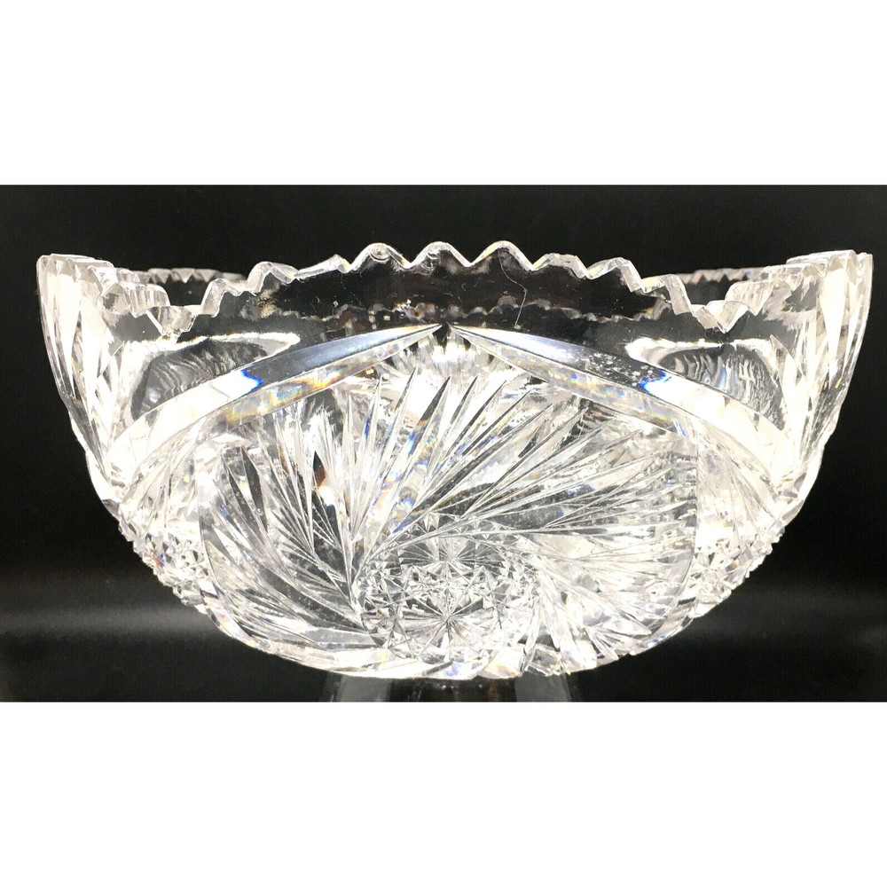 Antique American Brilliant Period Cut Crystal Bowl Sawtooth Edge Whirling Star